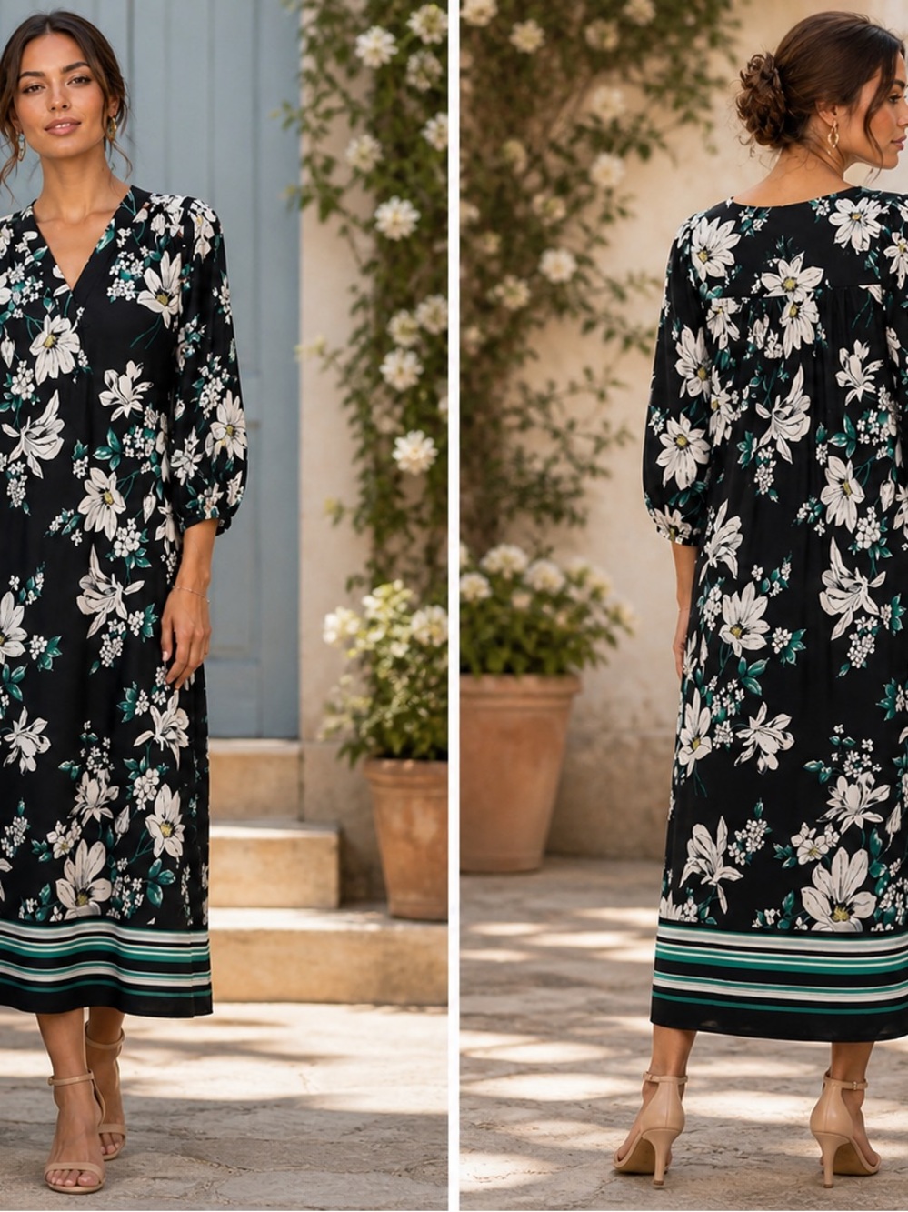Jones New York Black Floral Midi Dress with White and Green Accents